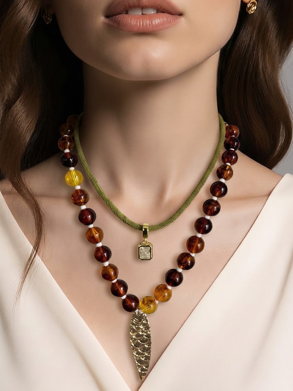 Layered Set Amber Bead and Gold Pendant Fish Necklace - Brown & Olive
